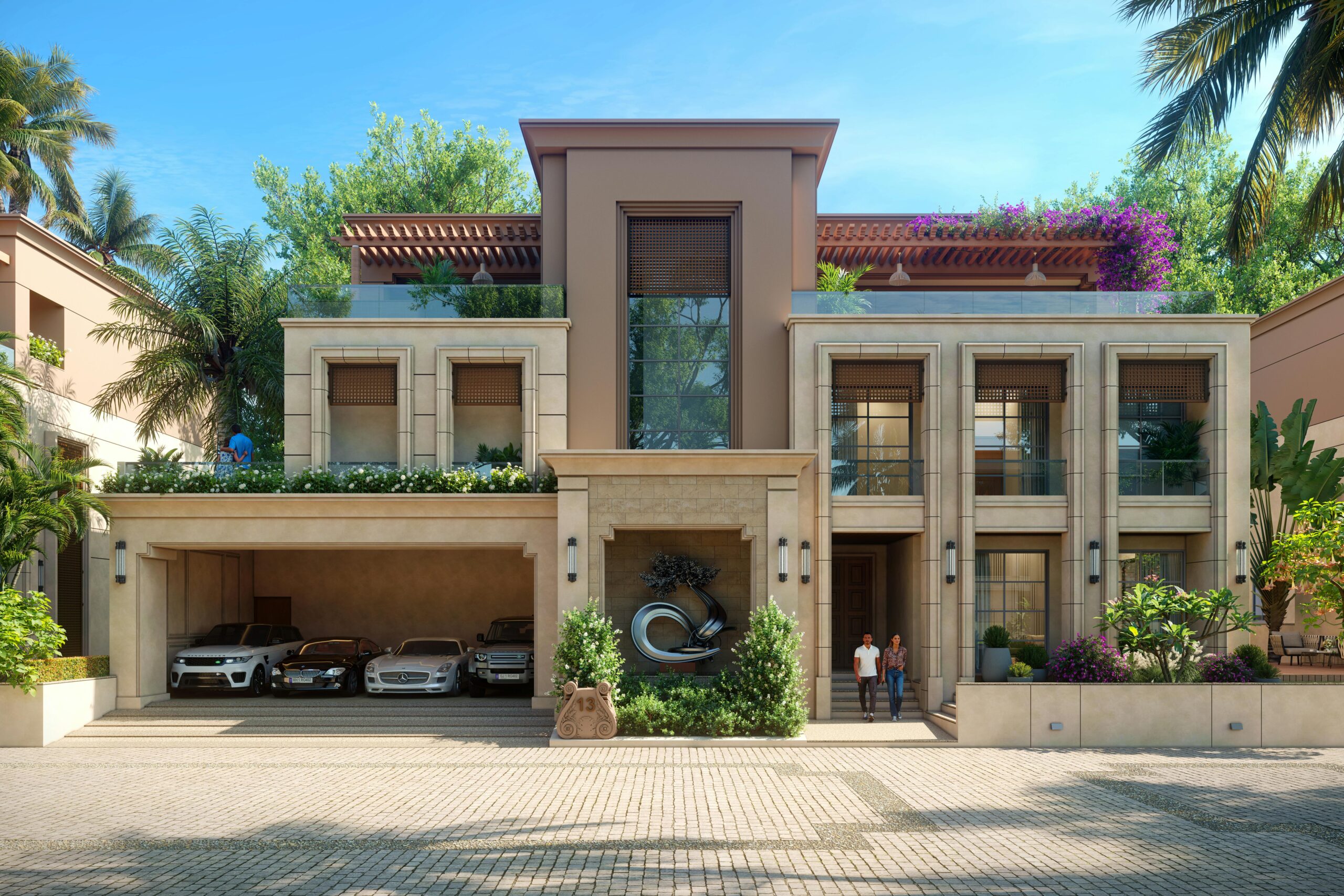 A stunning modern villa showcasing luxury and elegance with exotic cars and lush greenery.
